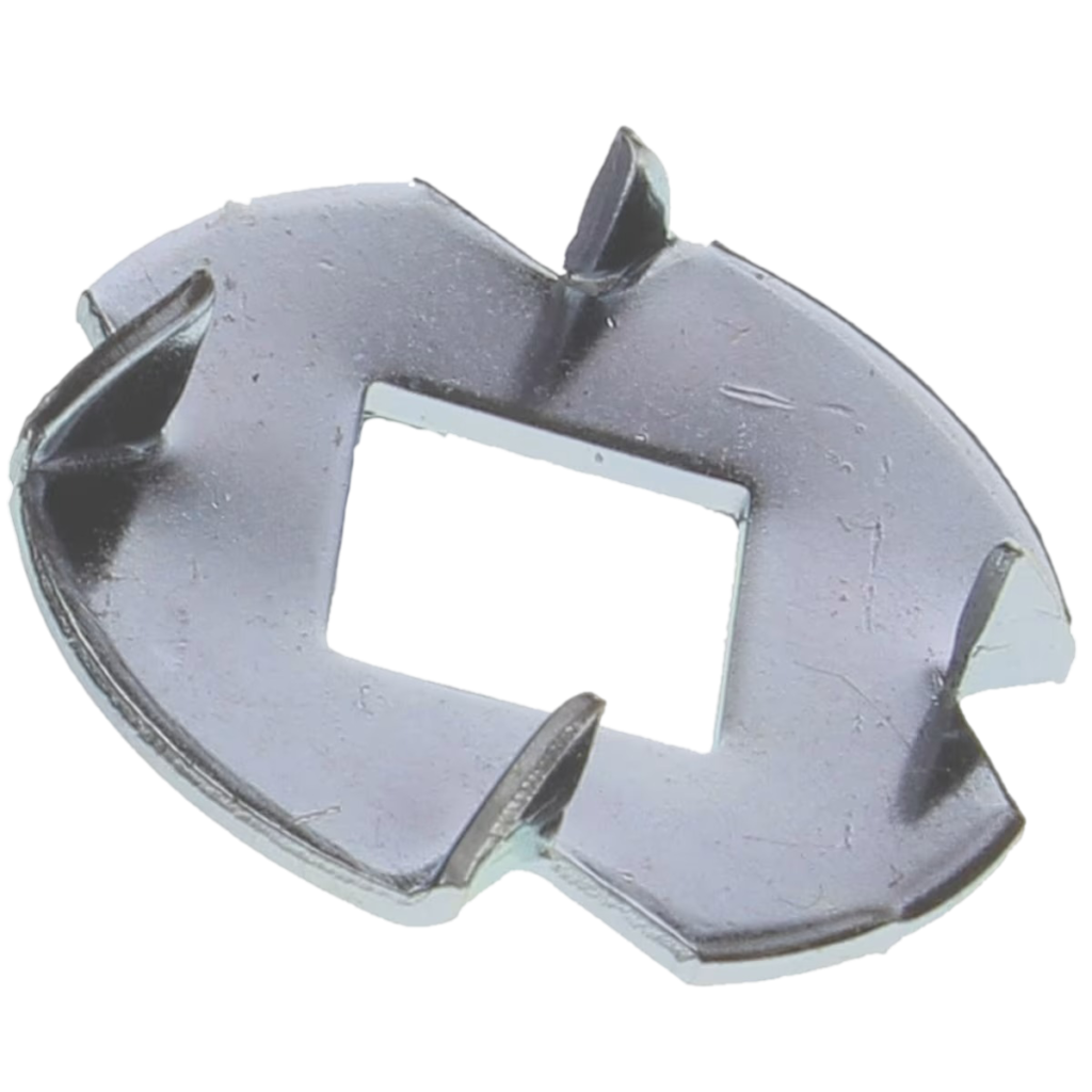 WASHERS 25 Steel torque washer with square center hole and raised prongs for anti-rotation.
